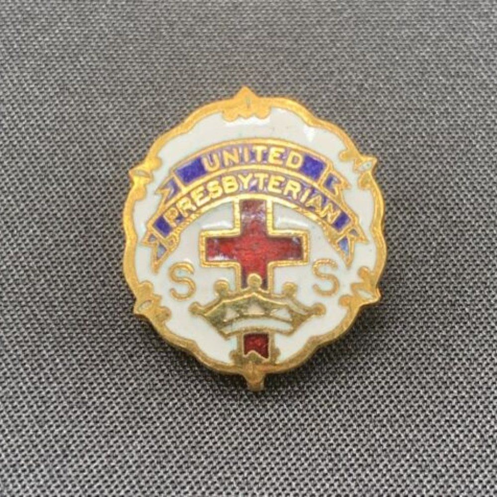 United Presbyterian Pin Vintage Sunday School Enamel Pinback Cross & Crown